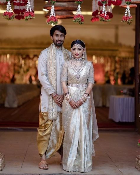 #Trending: Metallic Kanjeevarams That Stand Out So Beautifully Groom Indian Wedding Outfits, Wedding Matching Outfits, South Indian Wedding Saree, South Indian Bride Saree, Wedding Outfits For Groom, Wedding Dresses Men Indian, Bridal Sarees South Indian, Reception Outfit, Groom Wedding Dress