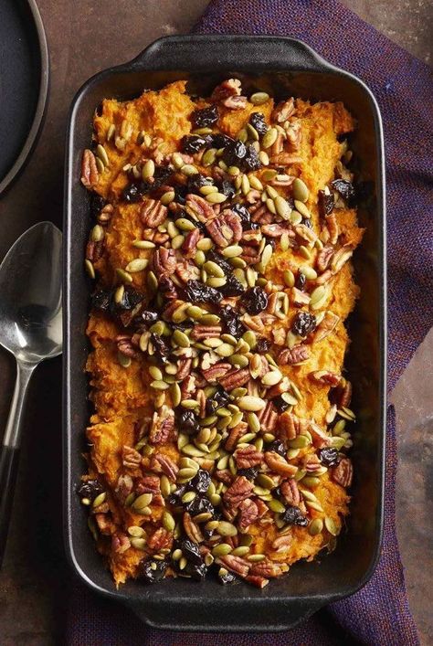 In this sugar-free sweet potato casserole, we turn to spices, vanilla and dried fruit to add natural sweetness while a pecan topping adds texture and color. #casseroles#healthycasserolerecipes#healthycasseroles#hotdish#hotdishrecipes#casseroleideas#healthyrecipes #thanksgivingrecipes #thanksgivingsidedishes Casserole Thanksgiving, Sweet Potato Casserole With Marshmallows, Marshmallow Topping, Thanksgiving Casserole, Thanksgiving Side Dishes Easy, Nigel Slater, Thanksgiving Sides, Easy Thanksgiving, Thanksgiving Side Dishes