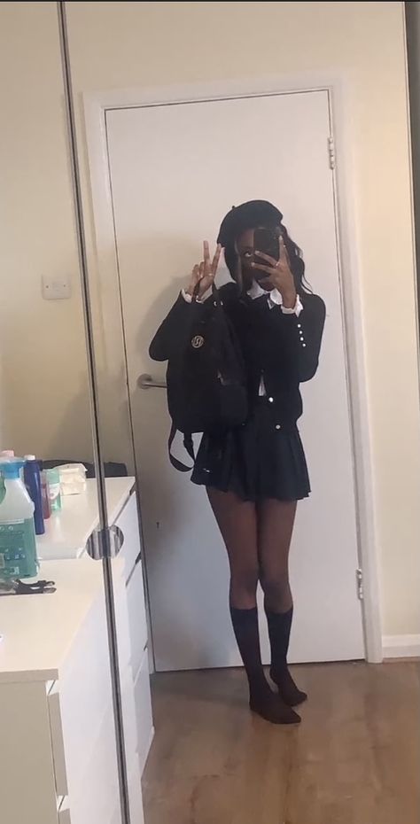 Oppenheimer Aesthetic Outfit, Black School Uniform Skirt For Fall, How To Style School Uniforms Uk, Private School Uniforms Aesthetic Black, Oppenheimer Outfit Ideas, Cute School Uniform Uk, Black Mini Skirt For School Uniform, Oppenheimer Outfit, Uk School Uniform Aesthetic