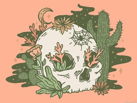 Desert Skull by Meghan Wallace Skull Wallpaper Laptop, Cool Hippie Art, Green Digital Art, Desert Skull, Desert Drawing, Desert Poster, Green Drawing, Sticker Inspiration, Sticker Illustration