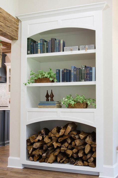 Chip and Joanna Gaines help create an ideal forever home for a young couple and their canine family members. A late 1950s-era ranch home is transformed with an open, free-flowing floor plan, soaring vaulted ceilings — and something special for the pooches. Open Closets, Firewood Storage Indoor, Fireplace Area, Fireplace Trim, Fireplace Inspiration, Storage Fireplace, Fireplace Bookshelves, Fireplace Shelves, Fireplace Built Ins