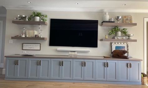 Freestanding Shelves In Living Room, Uneven Living Room Wall, Entertainment Center With High Ceilings, Interesting Walls Ideas, Coastal Living Room Accent Wall, 85” Tv, Basement Entertainment Center Ideas, Parcelas Ideas, Cabinets Under Tv