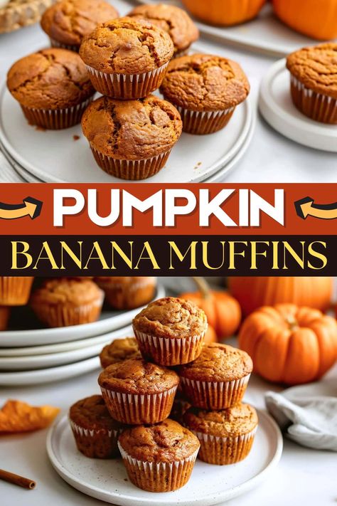 Pumpkin banana muffins are rich, sweet, and incredibly moist. They're the perfect breakfast on the go or mid-morning pick-me-up with a cup of coffee. Banana Muffins Moist, Best Muffin Recipe, Pumpkin Banana Muffins, Pumpkin Banana, Pumpkin Bars, How To Make Pumpkin, Pumpkin Muffins, Banana Recipes, Banana Muffins