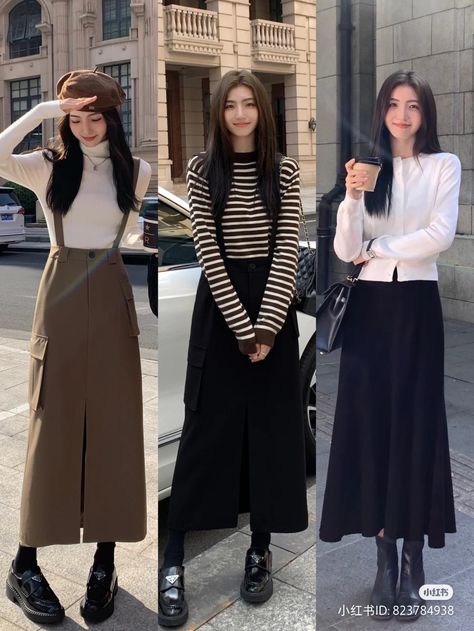 Japanese Spring Outfits Casual, Long Black Skirt Outfit Winter Korean, Japanese College Outfits, Pleated Skirt Outfit Long, Maxi Skirts Winter, Winter Outfits Korean Street Style, Korean Long Skirt Outfits, Japan Ootd Spring, Long Skirt Ideas