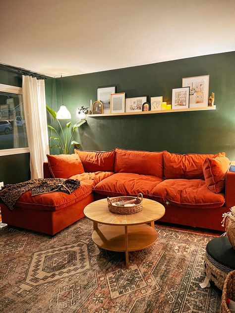 Maximalist Design and Decor | struggling on what to put in these picture frames Red Couch Living Room Ideas, Red Couch Living Room, Burnt Orange Living Room, Couch Living Room Ideas, New House Living Room, Red Couch, Couch Living Room, Maximalist Design, Living Room Orange