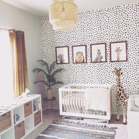 Black and White Boho Safari Nursery with Ikea Light . . . . #projectnursery #safarinursery #bohonursery #ikea Boho Safari Nursery, Giraffe Wallpaper, Baby Nursery Inspiration, Safari Theme Nursery, Nursery Room Design, Baby Room Design, Nursery Baby Room, Safari Nursery, Project Nursery