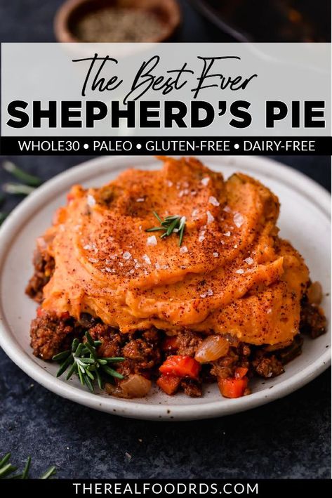 Sweet Potato Shepards Pie, Potato Shepherd's Pie, Perfect Baked Sweet Potato, Sweet Potato Toppings, Real Food Dietitians, Shepards Pie, Potato Toppings, Shepherds Pie Recipe, Cottage Pie