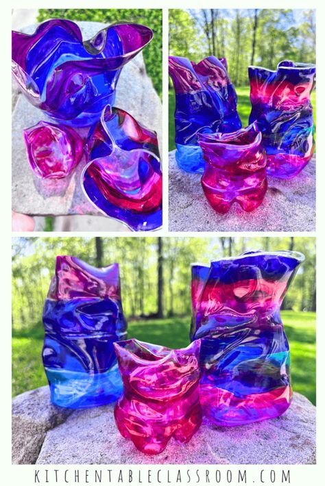 Up-cycle a PET plastic bottle into this DIY plastic vase. Coloring Plastic Bottles, Melting Plastic Bottles, Vitamin Bottle Crafts, Plastic Jug Crafts, Recycled Plastic Bottle Art Diy Projects, Painting Plastic Bottles, 2 Liter Bottle Crafts, Diy Vase Ideas Recycling, Recycled Plastic Art