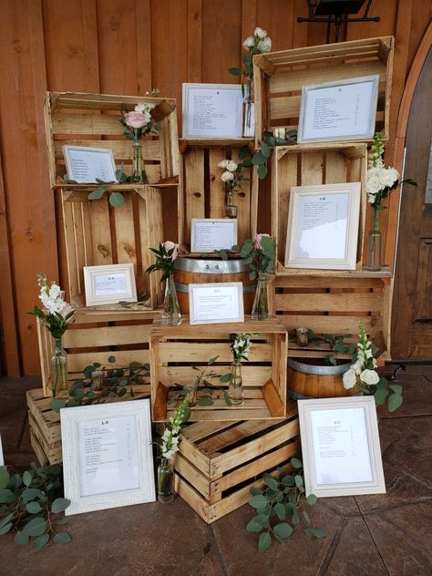 Wood Seating Chart, Rolling Meadows Ranch, Wedding Seating Chart Display, Roses And Eucalyptus, Country Wedding Reception, Wood Seating, Diy Rustic Decor, Milk Crates, Alphabetical Order