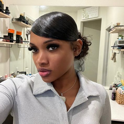 Sleek Swoop Ponytail Natural Hair, Swoop Bun Hairstyles, Swoop Messy Bun, Messy Bun With Swoop, Sleek Swoop Ponytail, Swoop Natural Hair, Bun With Swoop, Low Bun With Bangs, Weave Bun