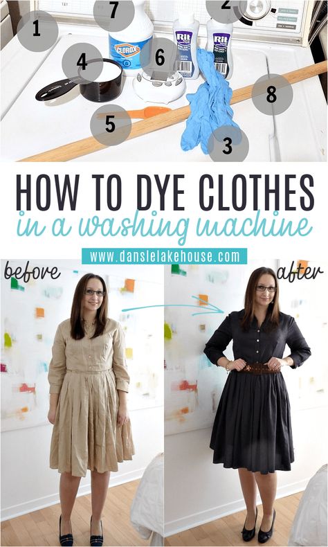 GREAT dyed clothes DIY tutorial with troubleshooting tips. Upcycle old clothes by dyeing them a fresh new color. DIY Dyed Dress: How to Dye Clothes in the Washing Machine. Learn how to dye clothes in the washing machine - instead of having to constantly stir clothes in a stove top pot, do it the easy way! Use this same tutorial for dyeing clothes black or any darker color than the original. Unused clothes dye best! Dyeing clothes is a great way to love your wardrobe again. Dyed Clothes Diy, How To Dye Sweater, Natural Ways To Dye Clothes, How To Dye A Sweater, Rit Dye Clothes, How To Dye A Dress Diy, How To Dye A Dress, Clothing Dye Diy, How To Dye Clothing At Home