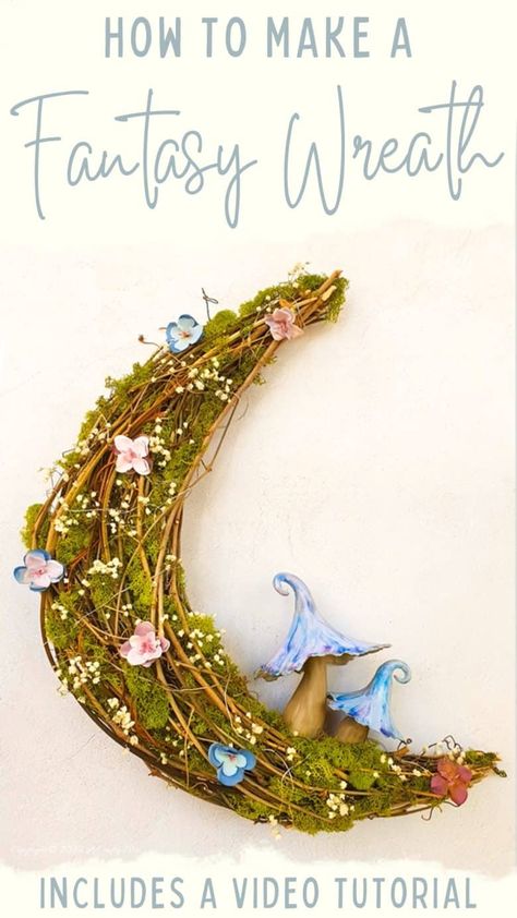 Moon Wreath Tutorial, Creacent Moon Wreath, Crystal Wreath Ideas, Harvest Moon Wreath, Fairy Moon Wreath, Crescent Moon Wreath Diy Christmas, Moss Moon Wreath, Moon Wreath Crescent Diy, Crescent Moon Craft