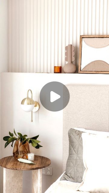 Mariana Tedim on Instagram: "Elevating my bedroom by adding a feature wall ✨ This room has always felt very bare and not catching much light always felt very cold. To change that I decided to add a feature wall full of texture and warm colour. For half of the wall, I added the @easycraft.panels Silhouette Cove panelling. This range is amazing because it can give the illusion of a deeper space due to its shape. In the bottom half, I added a ledge for extra practicality and to allow for the power switch. For that extra warmth and texture, I decided to try a limewash effect by mixing a bit of water with the @duluxaus paint, I went with the colour lime white, and when brushing just did it side to side I love how it turned out. If you loved this DIY and want to see more make sure to foll Bedroom Ledge Wall, Bedroom With Ledge Wall, Wall Ledge, Boys Rooms, Bedroom Panel, Fabric Bed, Very Cold, My Bedroom, Panel Bed