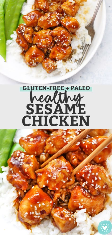 Healthy Sesame Chicken - Crispy Chicken coated in a tangy sweet sesame sauce. Gluten Free + Paleo Friendly. // Healthy Take Out Recipe // Paleo Sesame Chicken // Gluten Free Sesame Chicken // Sesame Chicken Stir-Fry #sesamechicken #chicken #stirfry #takeout #takeoutfakeout #teriyakisauce Gluten Free Sesame Chicken, Paleo Sesame Chicken, General Tao Chicken, Chicken Sesame, Sesame Chicken Stir Fry, Chicken Gluten Free, Healthy Sesame Chicken, Breakfast Kitchen, Asian Chicken Recipes