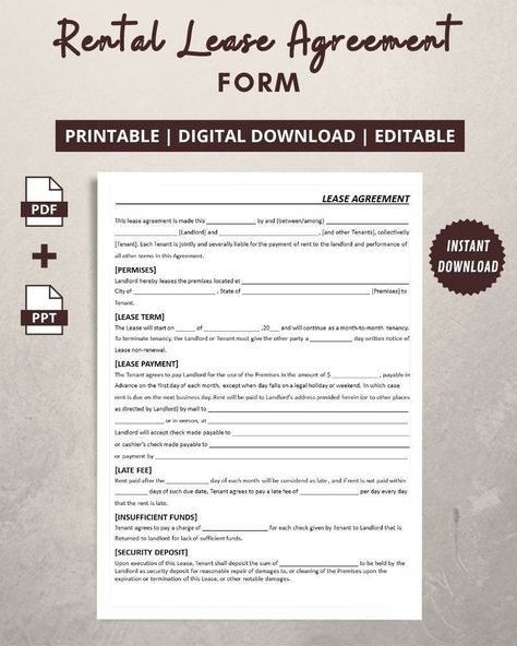 Rental Lease Agreement Form | Lease Contract Template | Editable Residential Housing Agreement | Landlord and Tenant Form Rental Lease Agreement, Lease Agreement Free Printable, School Counseling Week, Accounting 101, Real Estate Investing Rental Property, Budget Monthly, Real Estate Forms, Rental Agreement Templates, Rental Property Management