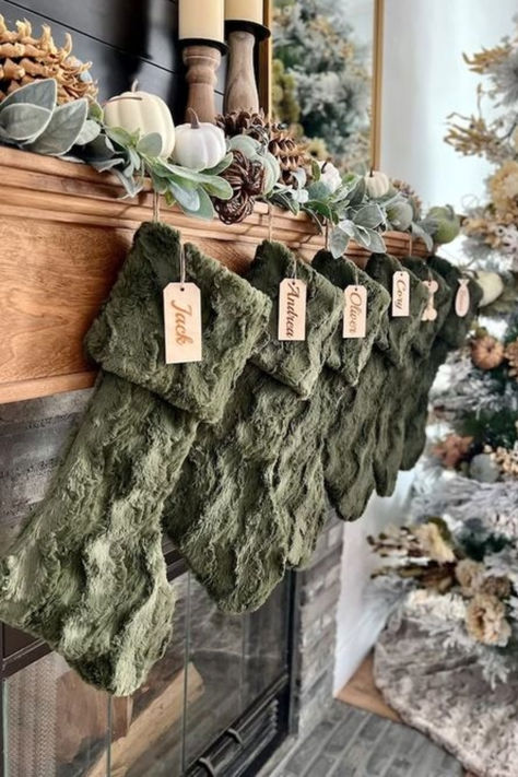 Rustic Green Fur Personalized Stockings I know Personalized stocks can get expensive, especially if you have a large family. But, it is a one time investment that will give you joy for many many years to come. Plus, I believe if we are going to go all out like this, to make sure we get what we want and make sure it matches our homes and personalities. #christmas #christmasstockings #rusticchristmas #farmhousechristmas #christmas2023 Green Brown Cream Christmas, Green Christmas Decorations Ideas, White Gold And Green Christmas Decor, Christmas Green Aesthetic, Olive Green Christmas Decor, Dark Green Christmas Aesthetic, Green Winter Aesthetic, Sage Christmas Decor, Green And Brown Christmas