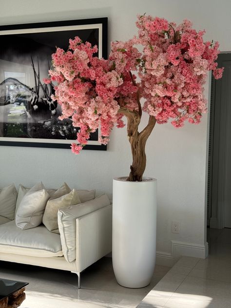 Matt White St. Tropez Planter with Custom Made Pink Cherry Blossom Tree - CFA Design Group Cherry Blossom Salon Decor, Cherry Blossom Decorations, Pink Cherry Blossom Tree, Pink Blossom Tree, California Mountain, Home Flower Arrangements, Wooden Garden Bed, Dried Flowers Diy, Dream Salon