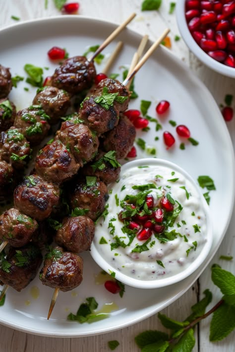 Sumptuous Turkish Lamb Koftas with Pomegranate Glaze & Mint Yogurt: A Mediterranean Lure #mediterraneandiet Lamb Kofta, Tzatziki Recipes, Lamb Dishes, Middle Eastern Food, Lebanese Recipes, Idee Pasto Sano, Lamb Recipes, Kebabs, Middle Eastern Recipes