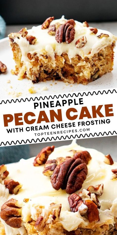 This Pineapple Pecan Cake with cream cheese frosting is incredibly moist and yummy! Crushed pineapples with juice, cinnamon, pecans, and vanilla extract give this cake a special tropical taste and aroma. Southern Pineapple Pecan Cake, Pinapple Cake With Cream Cheese Frosting Crushed Pineapple, Pineapple Pecan Cake With Cream Cheese Frosting, Southern Creamy Pineapple Pecan Cake, Pineapple Cake With Cream Cheese Icing, Pineapple Pecan Cake With Cream Cheese, Banana Pecan Cake, Cream Cheese Pecan Bars, Cake With Cool Whip Frosting