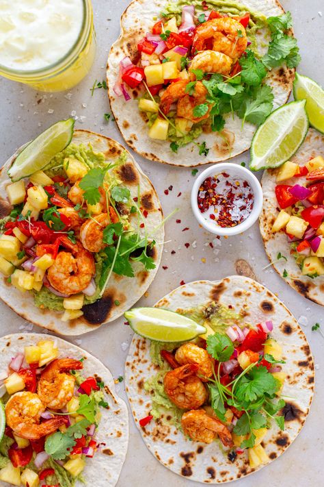 Simple and delicious prawn tacos piled with pineapple salsa. A delicious way to indulge in pineapple season. A perfect weekend sharing meal. Prawn Tacos, Tacos With Pineapple Salsa, Tacos With Pineapple, Medicine Tips, Fish Taco, Prawn Recipes, Pineapple Salsa, Starters Recipes, Healthy Nutrition