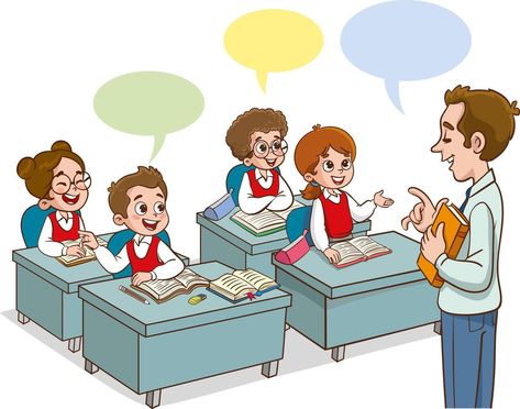 Teacher Teaching Students In Classroom.classroom with teacher and pupils Conversation In Classroom, Teacher In Classroom, Class Illustration, Teacher Teaching Students, English Conversation For Kids, File Decoration Ideas, Teacher Cartoon, Student Cartoon, Vice Principals