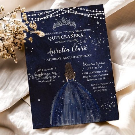 Starry Night Navy Blue Dress Silver Quinceañera Invitation - tap to personalize and get yours #Invitation #quincea&241;era #15th #birthday #invitation, #mexican Navy Blue And Silver Invitations, Quinceanera Invites Sweet 15, Navy Blue Quince Invitations, Starry Night Quinceanera, Navy Blue Quinceanera Ideas, Under The Stars Quinceanera Theme, Blue Quinceanera Ideas, Quince Inspiration, Starry Night Background