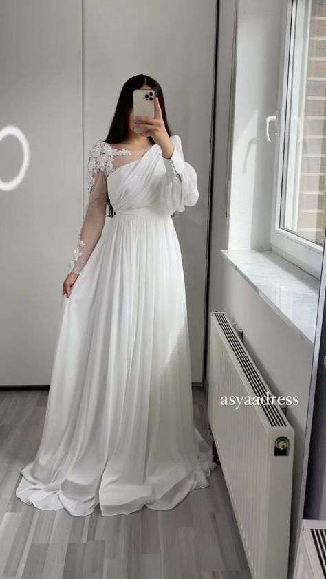 asyaa.dress on Instagram: -40 (last Sizes ) -170€ White Dress For Hijab, White Gown Designs, White Nikkah Dress Simple, White Gowns Elegant Classy, White Satin Dress Hijab, Simple White Dress Classy, Satin Gown Bridesmaid, Wedding Dresses For Bridesmaids, White Dress Design