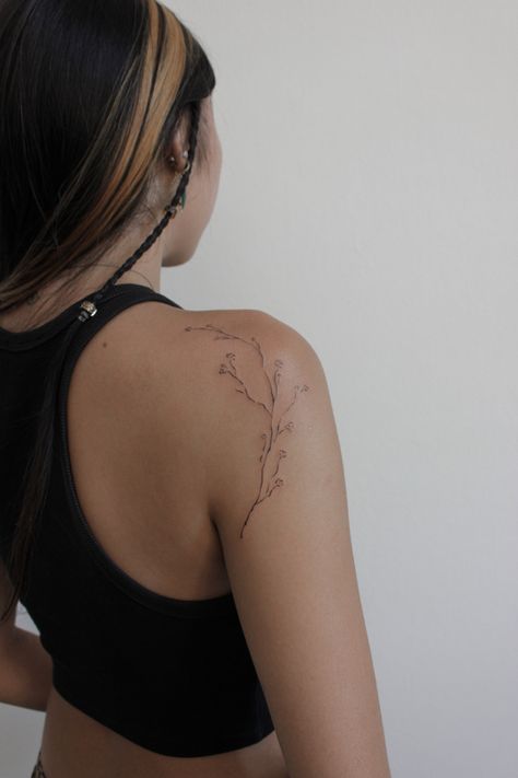 botanical tattoo twig leaves flowers arm tattoo girly abstract tattoos Shoulder Spine Tattoo, Dainty Decorative Tattoo, Small Flowy Tattoo, Flowy Shoulder Tattoo, Vietnamese Tattoos For Women, Outer Shoulder Tattoo, Shoulder Fine Line Tattoo, Flowy Flower Tattoo, Tattoo Over Shoulder