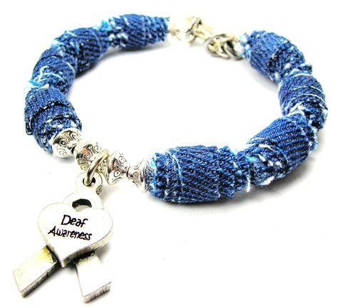 Deaf Awareness Ribbon Blue Jean Distressed Denim Toggle Bracelet ** Want to know more, click on the image. (This is an affiliate link and I receive a commission for the sales) Deaf Awareness, Baseball Bracelet, Denim Jewelry, Awareness Ribbon, Toggle Bracelet, Blue Flats, Jewelry Making Tutorials, Awareness Ribbons, Hand Cast