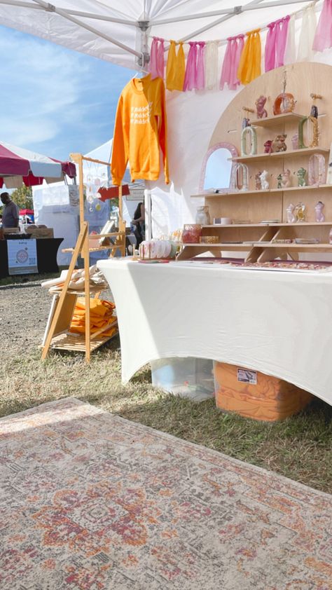 Loving the colors and layout of my booth setup! My new rug is a perfect fit! Booth Inspiration Market Stalls, Vendor Booth Rug, Market Booth Decoration, Simple Craft Show Display, Z Shape Vendor Booth, Aesthetic Market Stall, Pop Up Craft Booth, Colorful Vendor Booth, Vendor Booth Layout