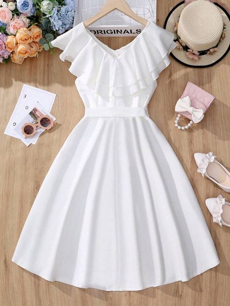 Free Returns ✓ Free Shipping✓. SHEIN Teen Girl Ruffle Layer Trim Belted Dress- undefined at SHEIN. Dress For Girls 10-12, Dresses For Girls 10-12, Teen Dresses Casual, White Dresses For Teens, Plain White Dress, Teen Dress, Teen Girl Dresses