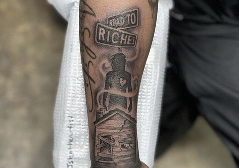 Roads To Riches Tattoo, Road To Riches Tattoo Stencil, Road To Riches Tattoo For Men, Road 2 Riches Tattoo, Brick Tattoo For Men, Interstate Tattoo, Road Sign Tattoo, Road Tattoo Design, Road To Riches Tattoo