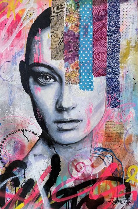 Original street art mixed media artwork by Roberta Foffo (Italy). This one-of-a-kind ink on canvas mixed media artwork measures 23.6W x 35.4 H inches, and is framed, and is ready to hang. The portrait mixed media artwork ships in a box directly from the artist's studio and is covered by the 14-day satisfaction guarantee from Saatchi Art, so you can buy with confidence. Mixed Media Figurative Art, Altered Portrait Art, Collage Portraits Mixed Media, Oil Pastels Mixed Media, Photo Mixed Media Art, Mixed Media Pop Art, Digital Collage Art Mixed Media, Abstract Mixed Media Art, Mixed Media Painting Ideas