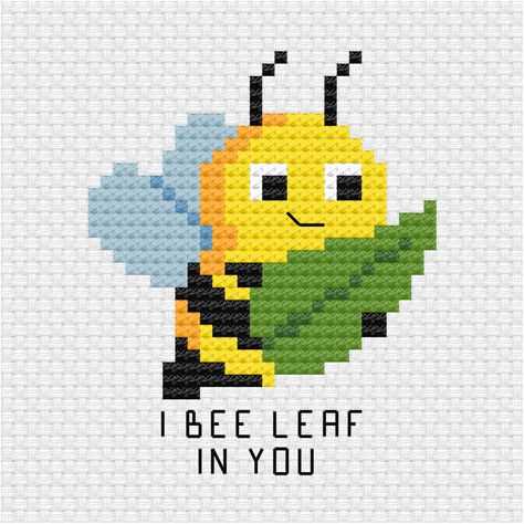 The cute bee that believes is you is the latest addition to the pun cross stitch pdf pattern series I am building up for my patrons. I bee leaf in you cross stitch pdf pattern - Ringcat Bumble Bee Cross Stitch Pattern Free, I Bee Leaf In You, Bumble Bee Cross Stitch Pattern, Cross Stitch Bee Pattern, Bee Cross Stitch Pattern Free, Pixel Art Bee, Simple Cross Stitch Patterns, Cross Stitch Bee, Cute Cross Stitch Patterns