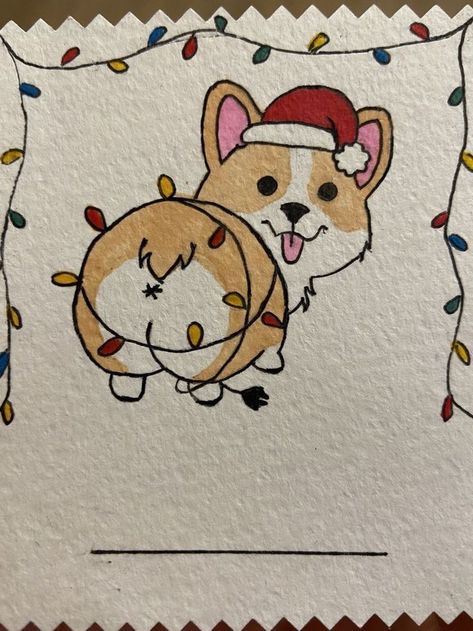 Joululahjat Diy, Easy Christmas Drawings, Christmas Cards Drawing, Xmas Drawing, Corgi Drawing, Cute Dog Drawing, Christmas Sketch, Christmas Doodles, Christmas Card Art