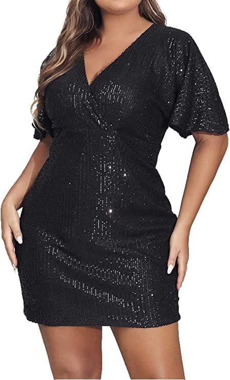 EVILD Plus Size Sequin Bodycon Dress V Neck Porm Mini Dress Short Sleeve Glitter Plus Dress Women Cocktail Sequins Dresses Mini Dress Short Sleeve, Plus Size Sequin, Sparkle Skirt, Plus Size Mini Dresses, Plus Size Bodycon Dresses, Plus Size Bodycon, Evening Outfit, Plus Size Party Dresses, Sequin Bodycon Dress