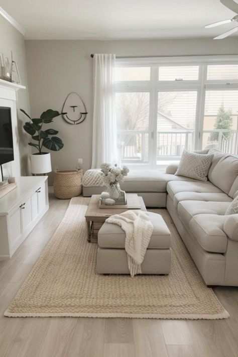 Grey Furniture Home Decor, Light Grey Small Living Room, Beige White Brown Living Room, Big White Living Room Ideas, Light Color Schemes For Living Room, Aesthetic Neutral Living Room, Simple Neutral Living Room Decor, Home Decor White And Grey, Light Grey Neutral Living Room