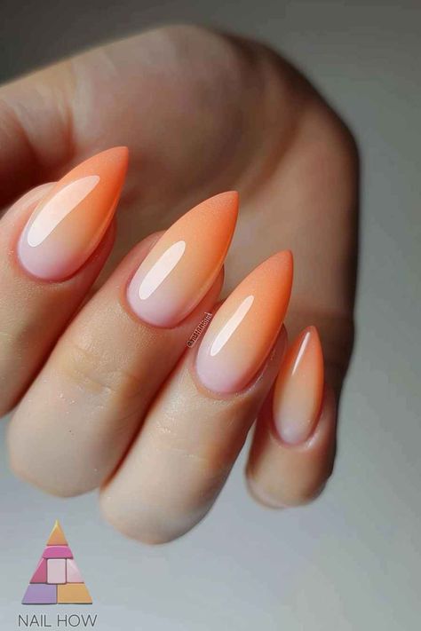 Sizzling Summer Nail Trends 2024: Get Ready to Shine! 46 Peachy Ombre Nails, Sns Nails Ombre, Ombre Nails Peach, Summer Ombre Nails 2024, Summer Nail 2024 Trends Almond, Peach Ombre Nails, Ombre Nails Almond, Peachy Nails, Gradient Manicure