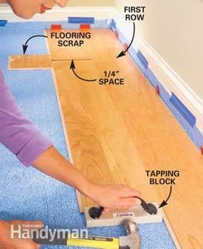 Learn how to lay laminate flooring with snap-together wood. It's so easy to install that you can lay a beautiful, yet durable hardwood floor in a weekend—no messy glue and no heavy nailing. It's prefinished too, so no dusty sanding and painstaking finish work. In this article we'll show you how to prepare your floor and then lay the boards. It's the perfect project for the novice who has some simple carpentry skills. Installing Vinyl Plank Flooring, Laminate Flooring Diy, Laying Laminate Flooring, Wood Floor Installation, Laminate Flooring Colors, Installing Laminate Flooring, Oak Laminate Flooring, Wood Floors Wide Plank, Oak Laminate