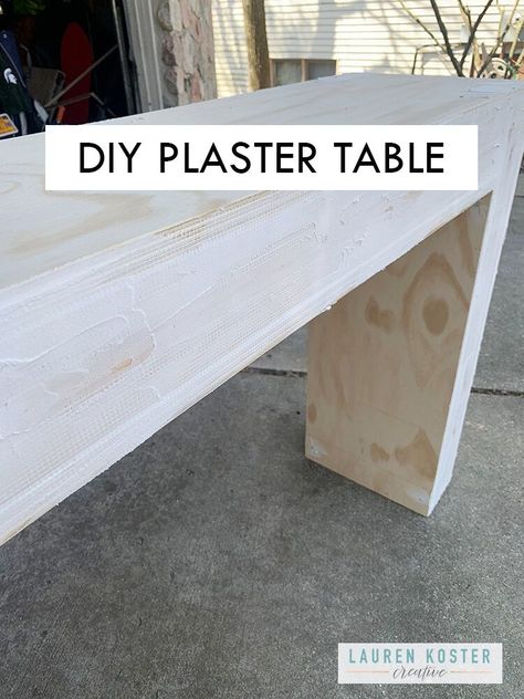 Plaster Tv Stand, Faux Concrete Console Table, Diy Plaster Table Top, Diy Waterfall Dining Table, Diy Plaster Console Table, Plaster On Furniture, Diy Stone Dining Table, Diy Concrete Console Table, Diy Cement Dining Table