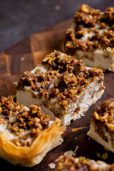 Vegan Baklava Cheesecake, Vegan Baklava, Baklava Cheesecake, Dairy Free Cheesecake, Vegan Richa, Grain Free Desserts, Vegan Cake Recipes, Eat Cookies, Small Food Processor