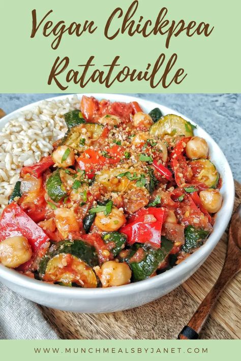 Vegan Chickpea Ratatouille Stew - Munchmeals by Janet Ratatouille Stew, Chickpea Ratatouille, Vegan Chickpea Recipes, Tomato Eggplant, Ratatouille Recipe, Vegan Chickpea, Chickpea Recipes, Canned Chickpeas, Meatless Meals