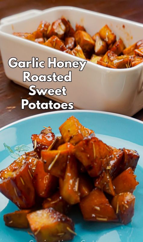 Honey Roasted Sweet Potatoes, Easy Sweet Potato Recipes, Rainy Day Recipes, Garlic Honey, Garlic Roasted Potatoes, Quick Side Dishes, Dinner For 2, Garlic Recipes, Potato Side Dishes