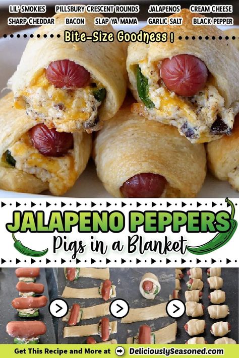 Jalapeno Popper Pigs in a Blanket!... - Sweetpea Lifestyle Mini Pigs In A Blanket Recipe, Popper Pigs In A Blanket, Pepper Pig, Pork Entrees, Bite Size Snacks, Jalapeno Peppers, Meat Appetizers, Jalapeno Popper, Delicious Appetizer Recipes