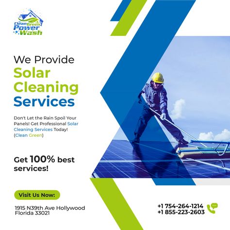 Are your solar panels losing efficiency due to dirt and debris? We've got you covered! Our professional team specializes in solar cleaning services to maximize your energy production and savings.
#SolarCleaningServices #MaximizeEfficiency #CleanSolarPanels #EnergySavings  #CleanGreen #floridaclean Solar Cleaning, Solar Panel Cleaning, Cleaning Flyers, Green Power, House Cleaning Services, Commercial Cleaning, Green Cleaning, Green Energy, Creative Ads