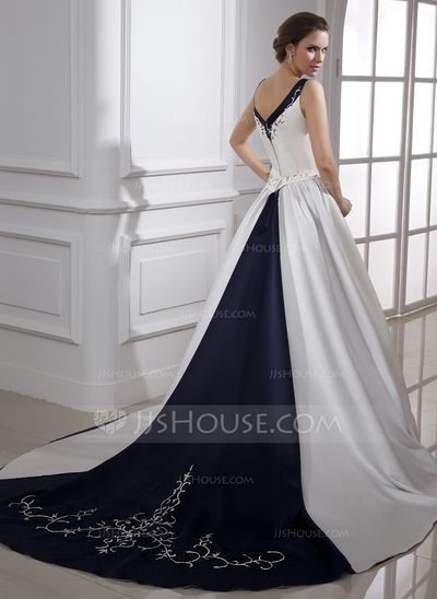 [£195.00] Ball-Gown V-neck Chapel Train Satin Wedding Dress With Embroidered Beading Sequins Wedding Dress With Embroidery, Wedding Dresses Canada, Train Embroidery, Black White Wedding Dress, Wedding Dresses Under 500, Medieval Wedding Dress, Wedding Dresses Princess Ballgown, Dress Train, Pretty Quinceanera Dresses