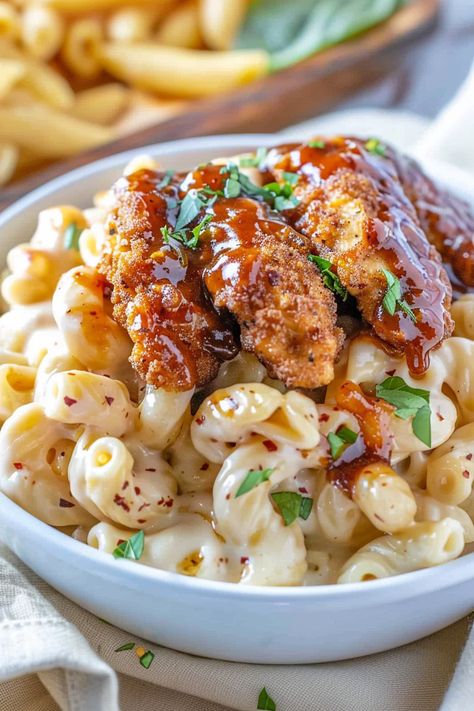 Dive into the ultimate comfort food with our Honey Pepper Chicken Mac and Cheese recipe! This dish combines creamy, cheesy macaroni with crispy honey pepper chicken for a sweet and savory meal that's sure to please. Topped with smoky bacon and fresh basil, it's a gourmet twist on a classic favorite. Perfect for family dinners or impressing guests, this recipe brings together the best of both worlds. Don't miss out on making your dinners unforgettable. Save this pin and try the recipe tonight! Honey Pepper Chicken, Creamy Cheesy Pasta, Breaded Chicken Strips, Top Dinner Recipes, Chicken Mac And Cheese, Favorite Recipes Dinner, Pepper Chicken, Chicken Stuffed Peppers, Food Obsession