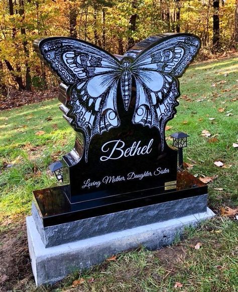 Beautiful Butterfly monument for a beautiful young lady taken too soon ~.~ Gravestone Ideas Beautiful, Butterfly Gravestone, Beautiful Gravestones, Memory Bears Pattern Free, Taken Too Soon, Granite Ideas, Butterfly Sculpture, Tombstone Designs, Memory Bears Pattern