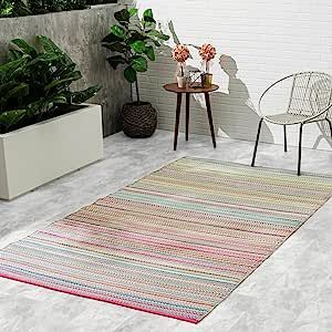 Fab Habitat Striped Outdoor Rug - Waterproof, Fade Resistant, Crease-Free, Reversible - Premium Recycled Plastic - Patio Porch Balcony Deck - Cancun Candy - 8x10 ft Outdoor Rugs Patio Ideas, Rug Waterproof, Straw Rug, Deck Balcony, Waterproof Rug, Playroom Rug, Patio Rug, Porch Deck, Porch And Balcony