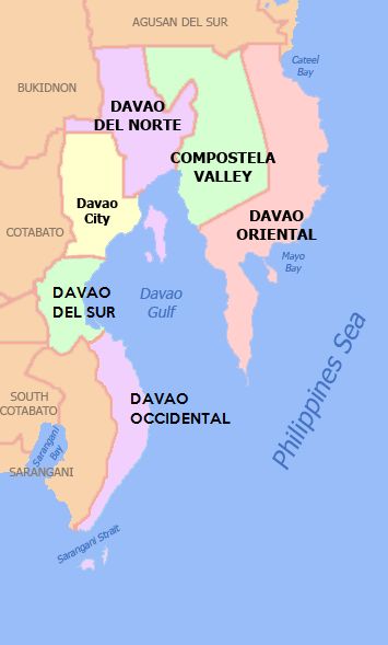 This is the Davao Region in the southern Philippines. Davao Occidental, the newest province of the Philippines, is more sur (south) than Davao del Sur, which, in turn, is more occidental (west) than Davao Occidental. Davao Region, City Maps Illustration, Davao Del Sur, Travel Local, Davao City, Davao, Anime Expressions, Collage Template, Illustrated Map